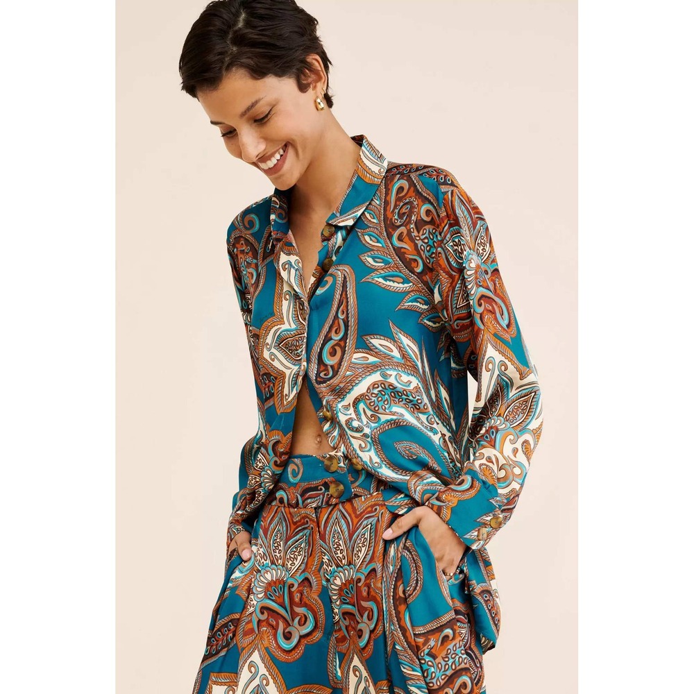 Farm Rio Teal Blue Paisley Viscose Button Down Shirt XS Long Sleeve boho retro
